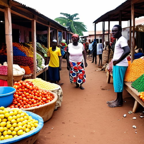 Home 14 ** A vibrant marketplace in Guinea-Bissau, filled with colorful textiles, fresh produce, and friendly locals. Focus on the lively atmosphere and the diversity of goods.
**
