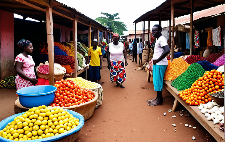 ** A vibrant marketplace in Guinea-Bissau, filled with colorful textiles, fresh produce, and friendly locals. Focus on the lively atmosphere and the diversity of goods.

**